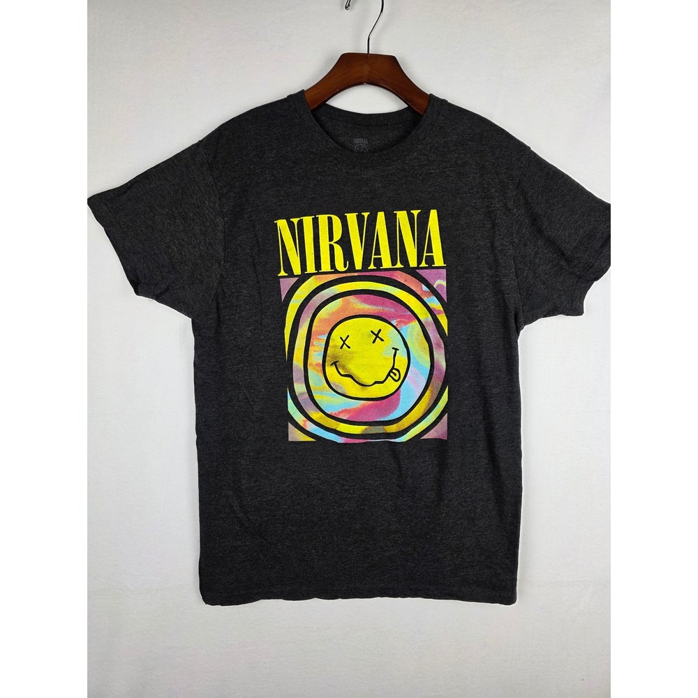 Nirvana Smiley Face Tie Dye Graphic T-Shirt‎ Charcoal Grey Mens XL